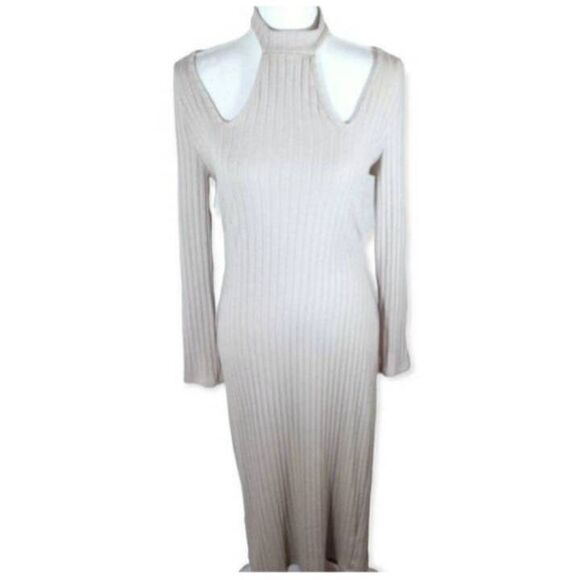 CHARLOTTE RUSSE CREAM BODYCON TURTLENECK CUTOUT DRESS SZ.L EUC. - Picture 2 of 8